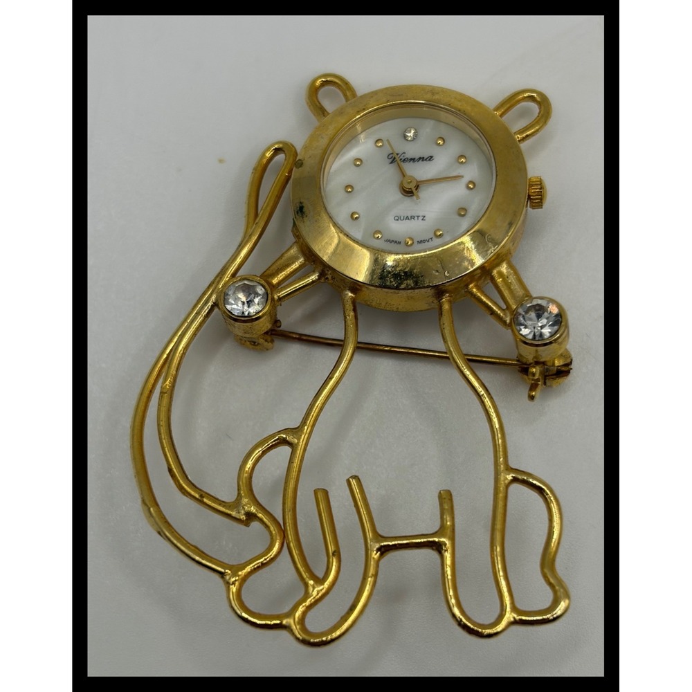 Vienna Cat Brooch Watch‎ Womens Gold Tone Rhinestone Novelty Jewelry